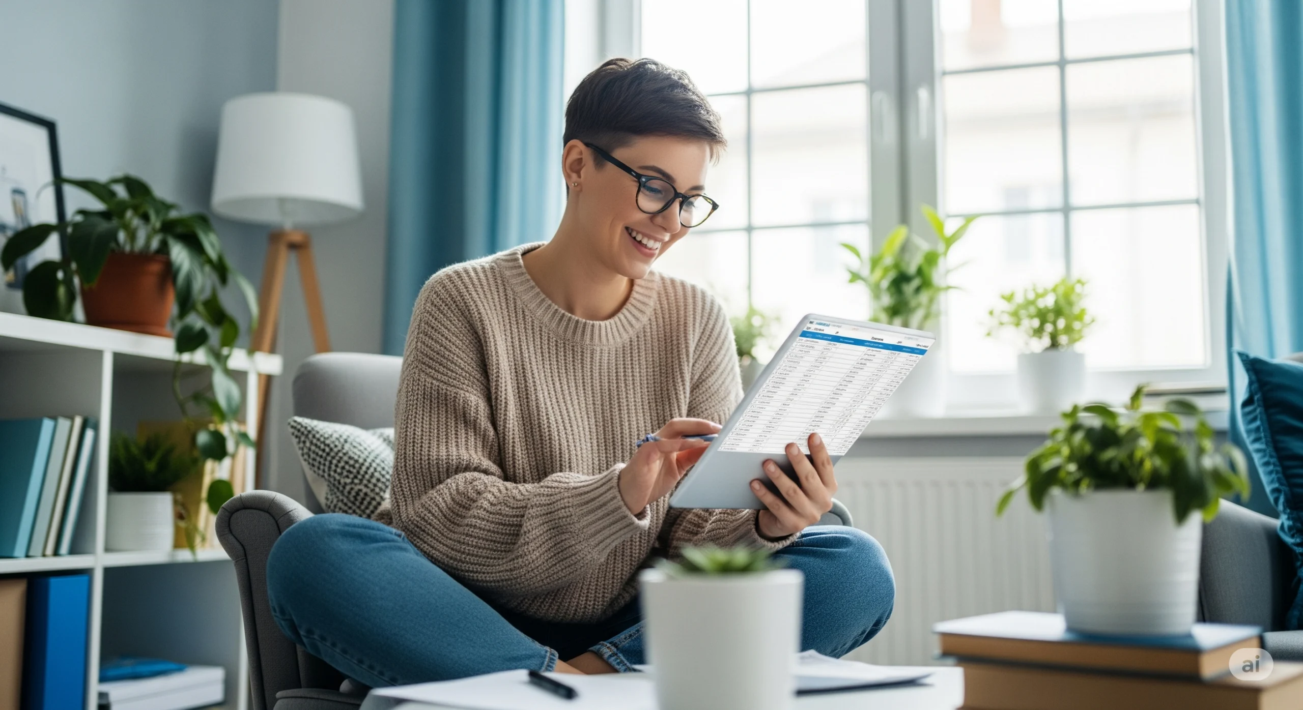 Mulher sentada analisando suas prioridades financeiras com atenção