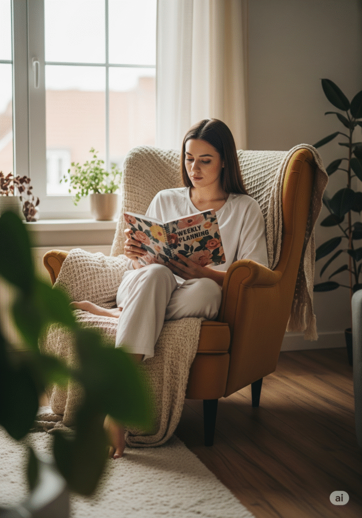 Mulher relaxada revisando o planejamento semanal em um ambiente iluminado e aconchegante.