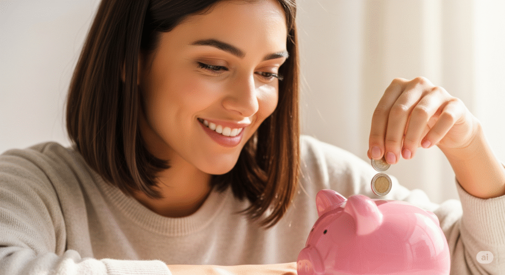 Mulher colocando moedas em um cofrinho após definir suas prioridades financeiras