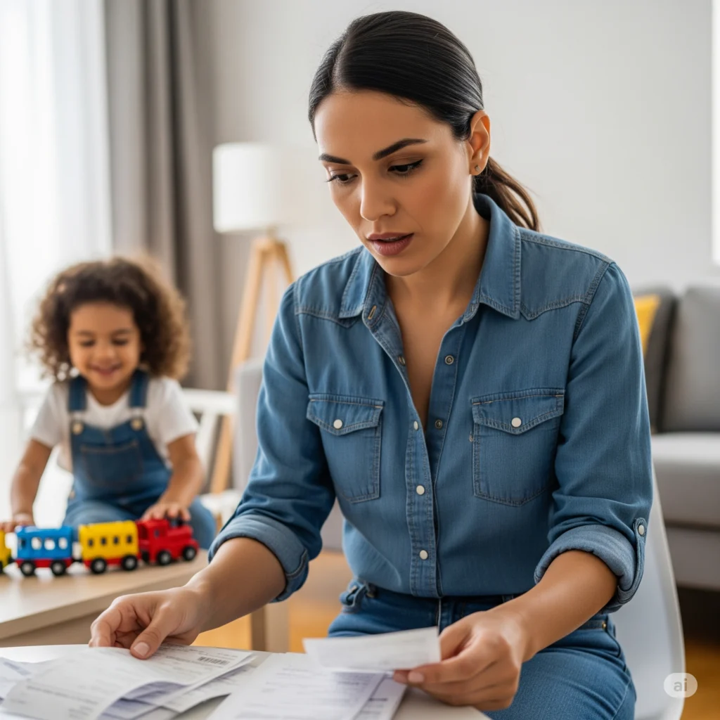 Mãe solo analisando contas com o filho ao fundo, refletindo sobre finanças