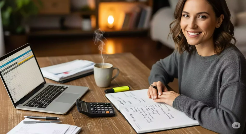 Mulher analisando gráficos de despesas e orçamento para planejamento financeiro.