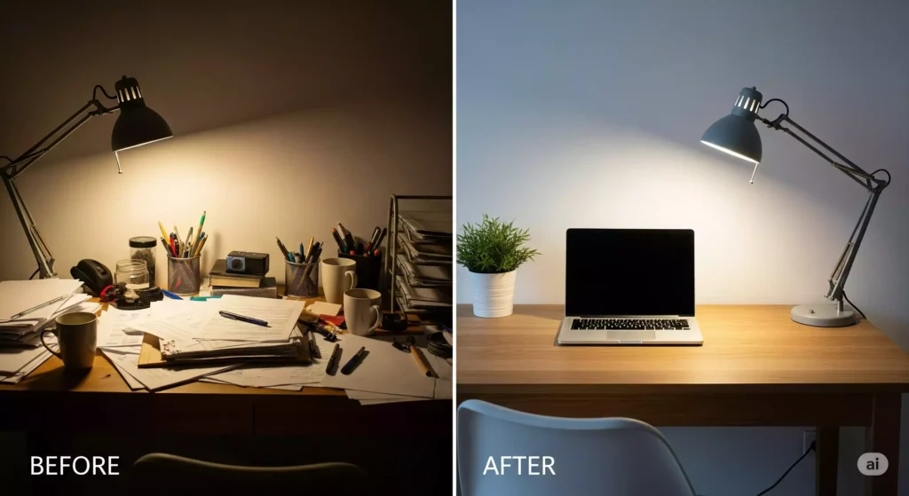Comparação antes e depois de um espaço de trabalho minimalista