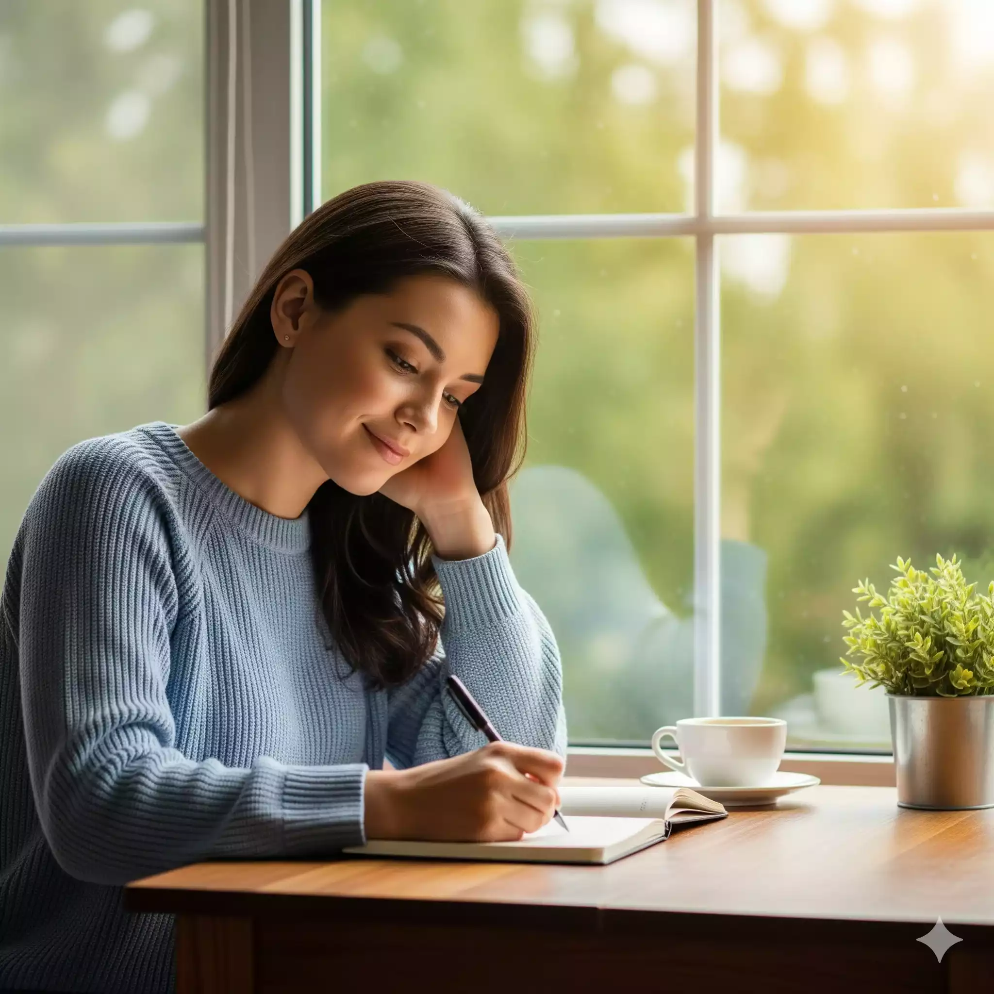 Moça tranquila escrevendo em seu bullet journal ao lado da janela