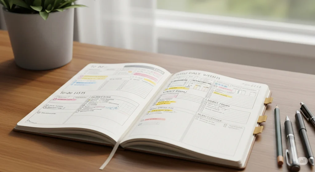 Bullet journal aberto com anotações organizadas e layout criativo.