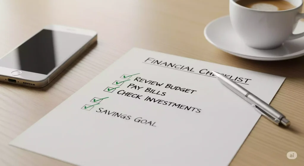 Checklist de planejamento financeiro para iniciantes com lista de gastos e metas mensais.