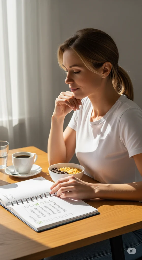 Mulher tomando café da manhã e organizando seu dia com checklist