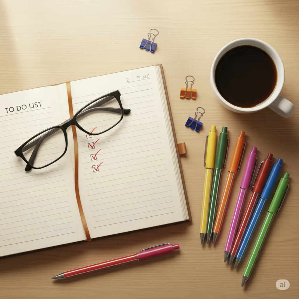 Caderno aberto com checklist marcado e canetas coloridas, ao lado de óculos e café.