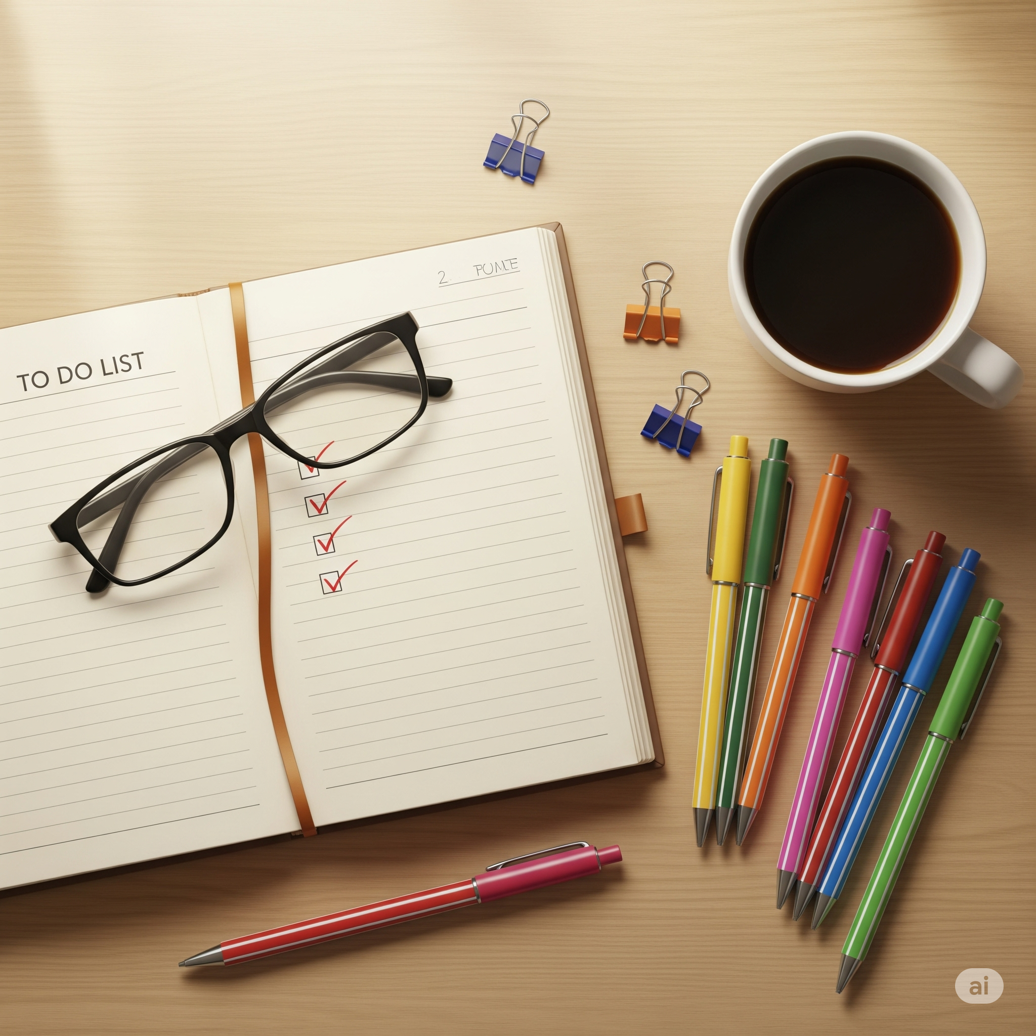 Caderno aberto com checklist marcado e canetas coloridas, ao lado de óculos e café.