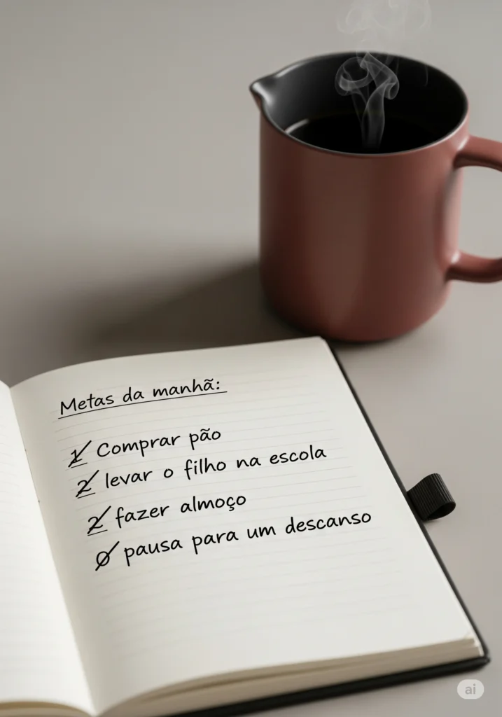 Anotações em um caderno com uma caneca ao lado, simplificando a rotina com leveza.