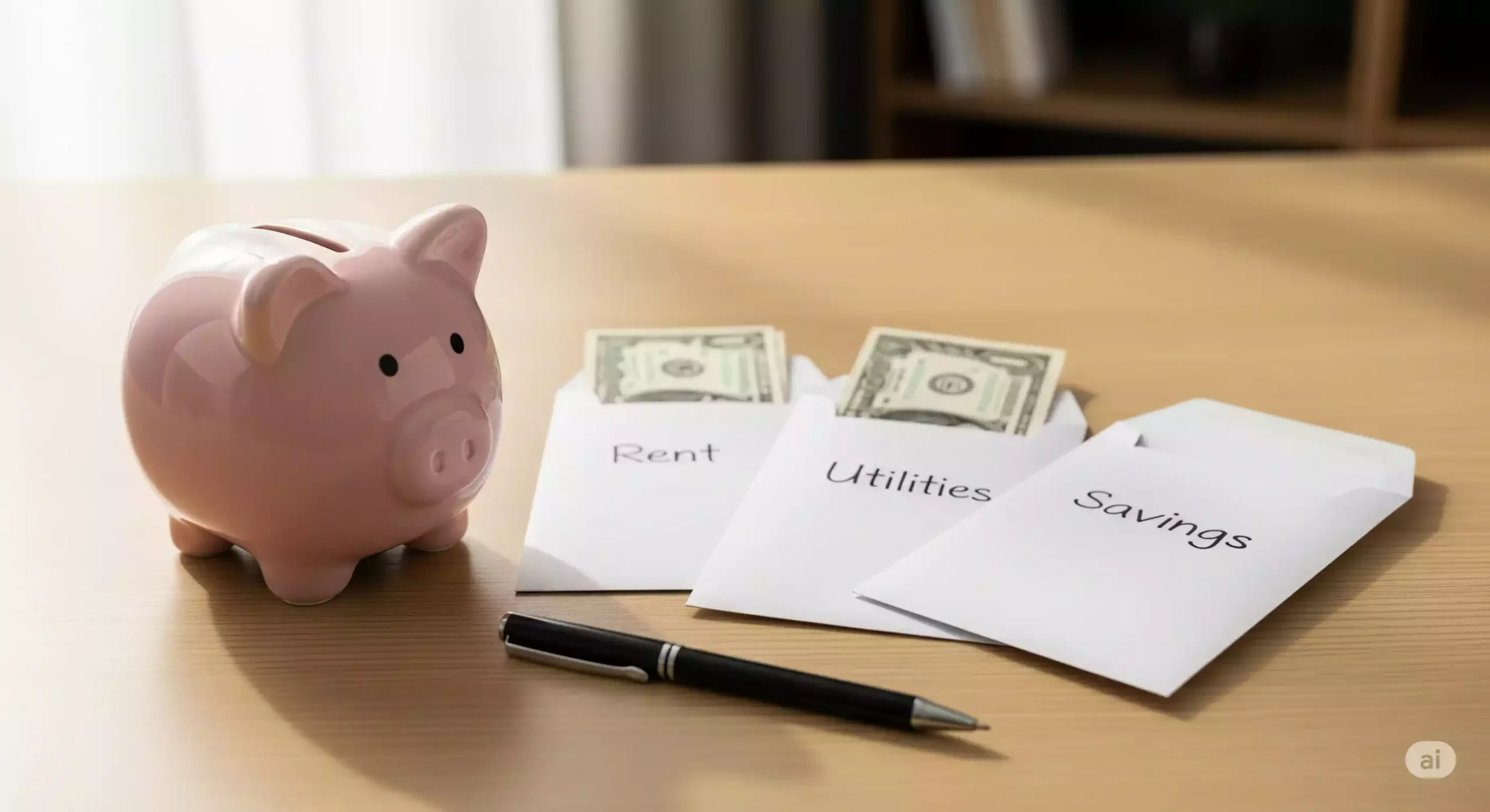 Cofrinho ao lado de dinheiro separado em envelopes para planejamento financeiro.