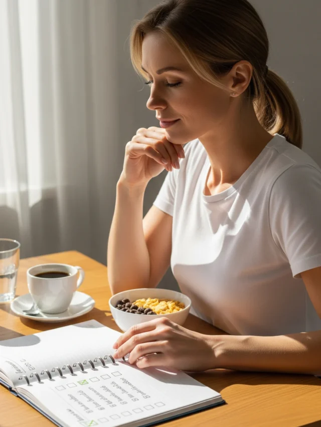 Mulher tomando café da manhã e organizando seu dia com checklist