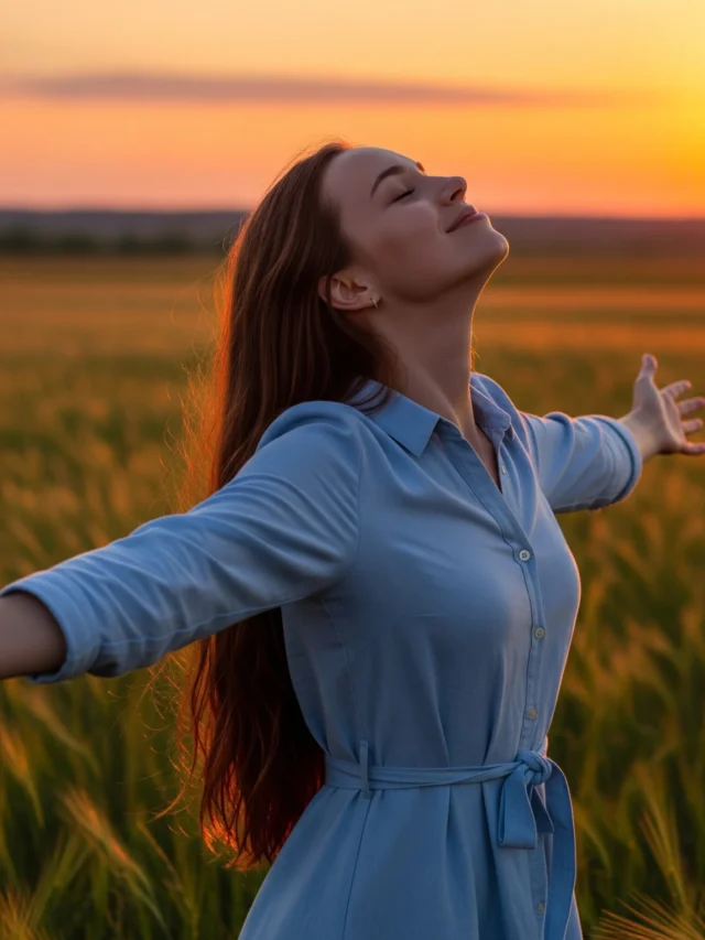 Mulher feliz respirando profundamente no campo, aliviando a ansiedade.