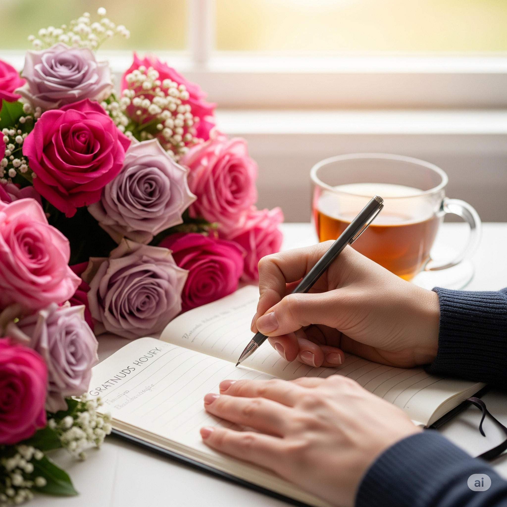 Close-up de mãos escrevendo em um diário de gratidão com detalhes de flores ao redor e uma xícara de chá.
