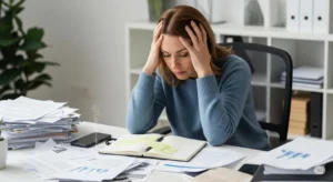 Mulher confusa entre muitos papéis na mesa, refletindo falta de organização da rotina.