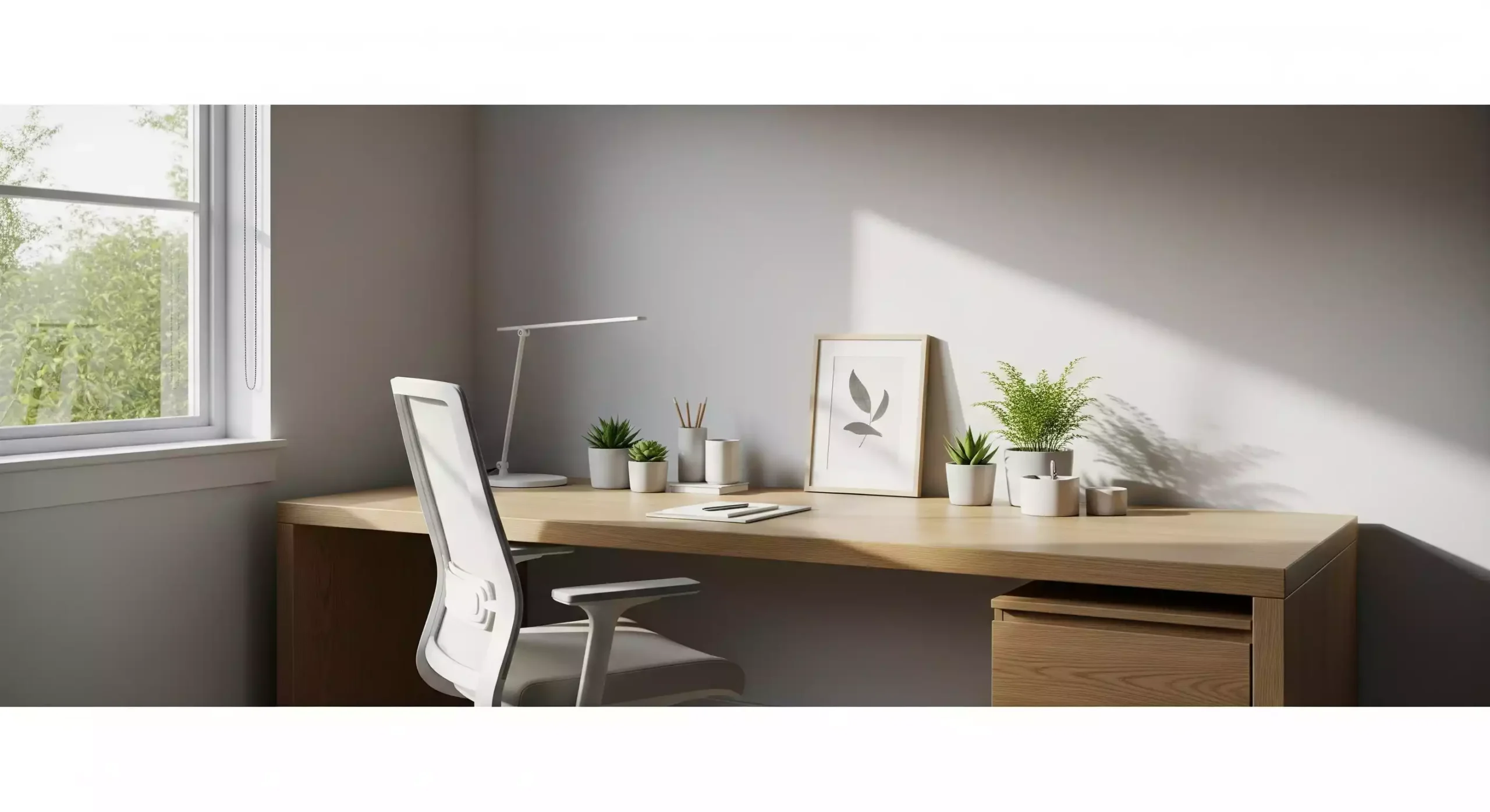 Espaço de trabalho minimalista com plantas decorativas