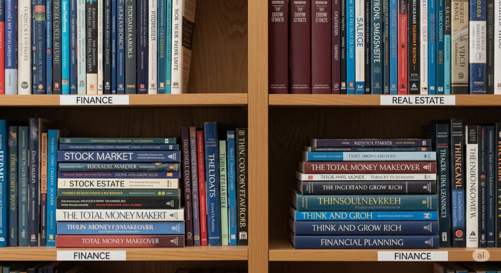 Estante com livros sobre finanças e organização financeira