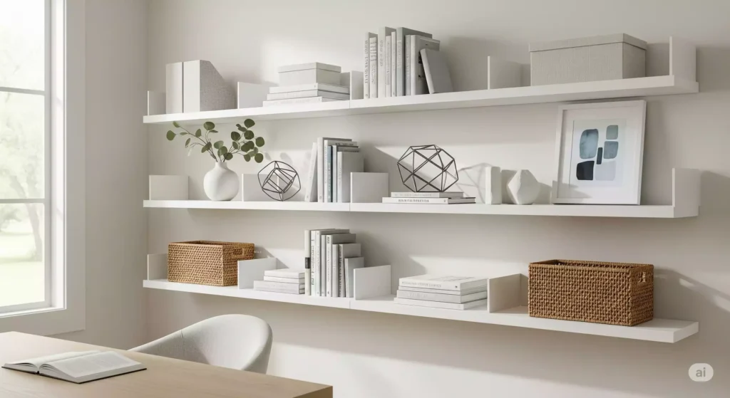 Estante minimalista em espaço de trabalho organizado