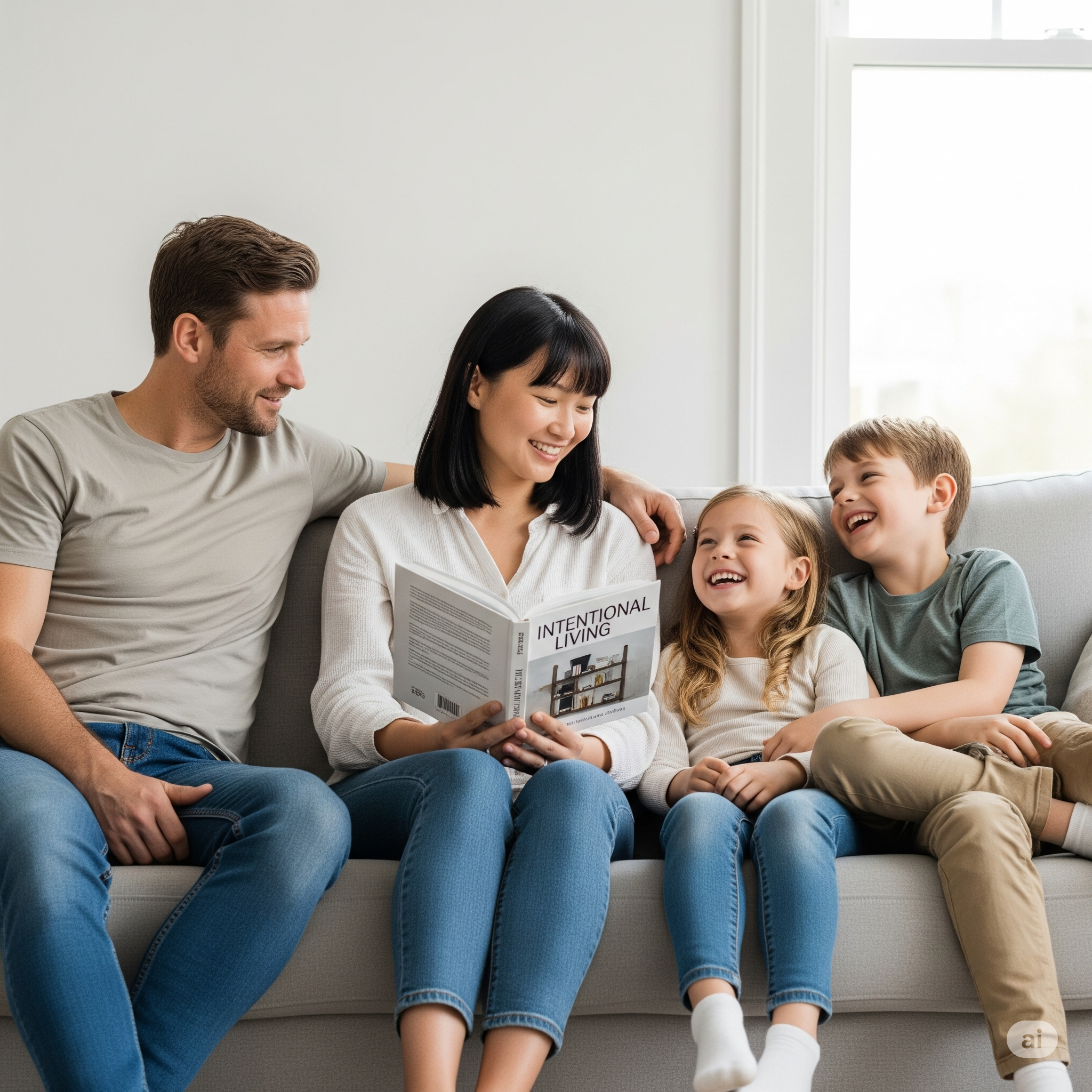 familia-minimalismo-sala família reunida no sofá vivendo o minimalismo para famílias