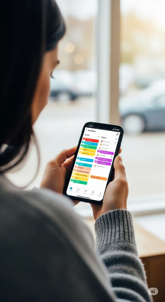 Tela de aplicativo kanban com tarefas organizadas