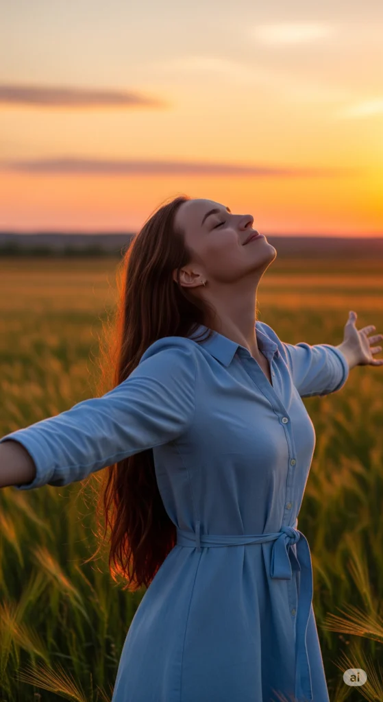 Mulher feliz respirando profundamente no campo, aliviando a ansiedade.