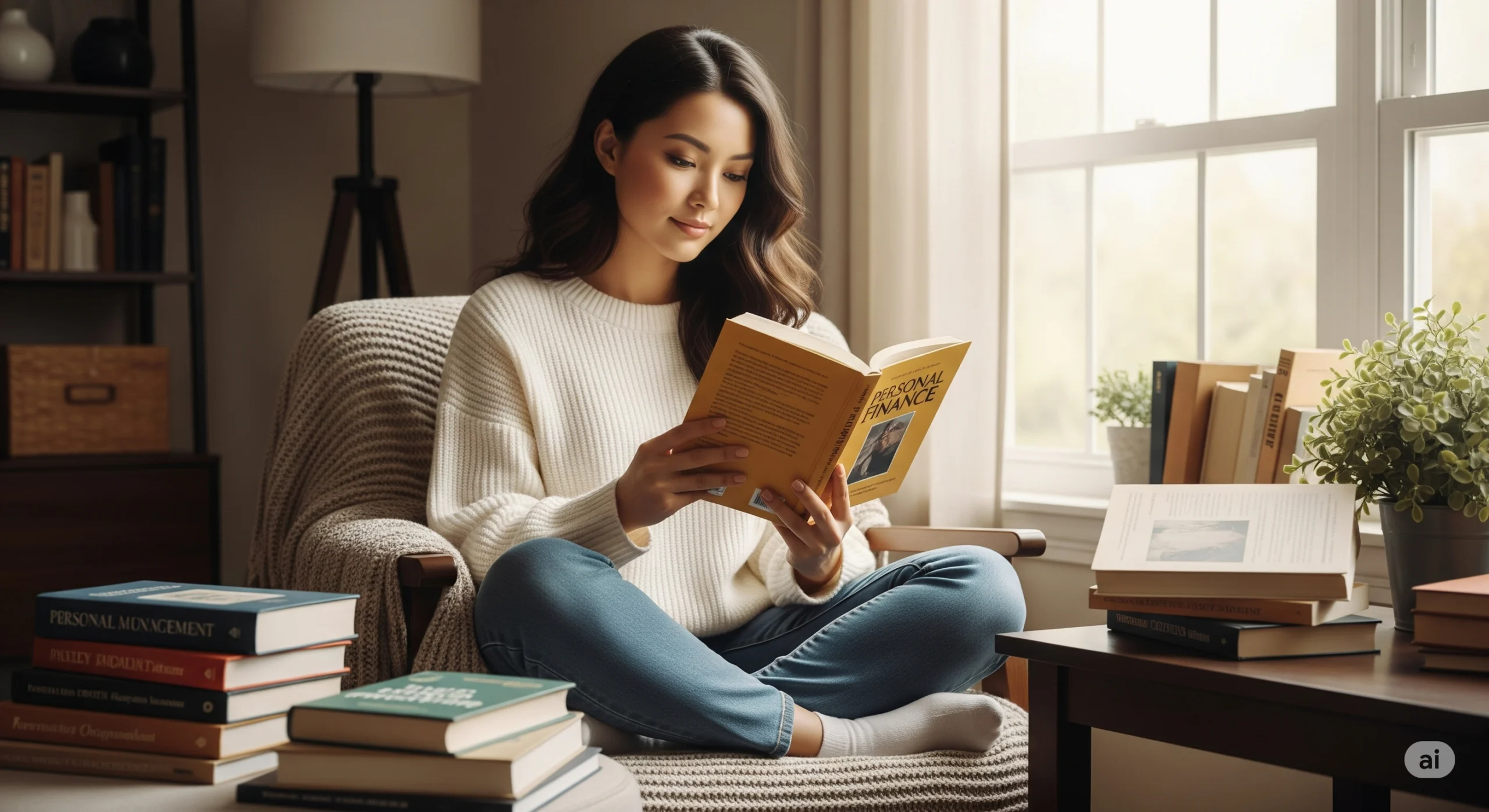 Mulher lendo livro sobre finanças pessoais