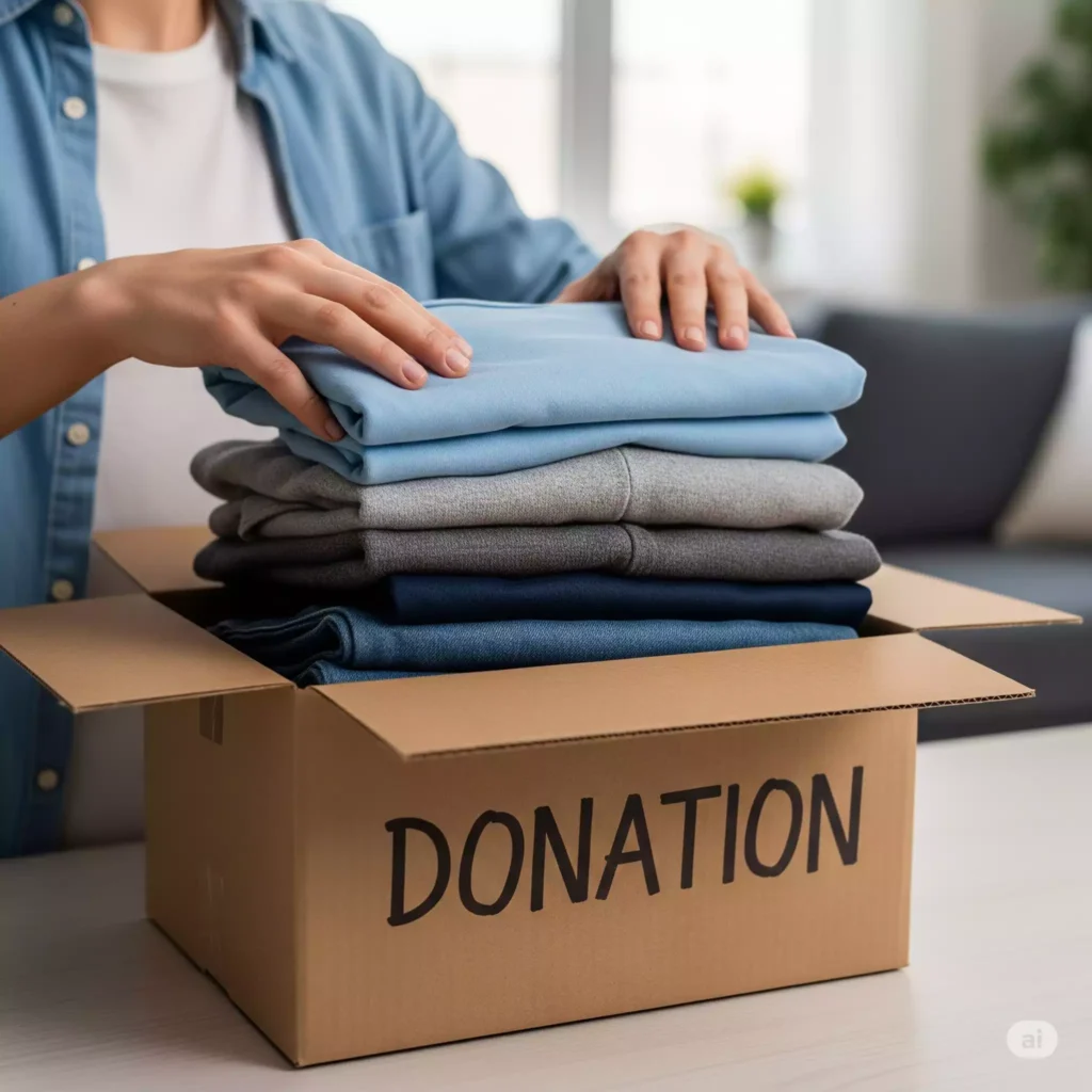 Mãos organizando roupas para doação durante processo de desapego