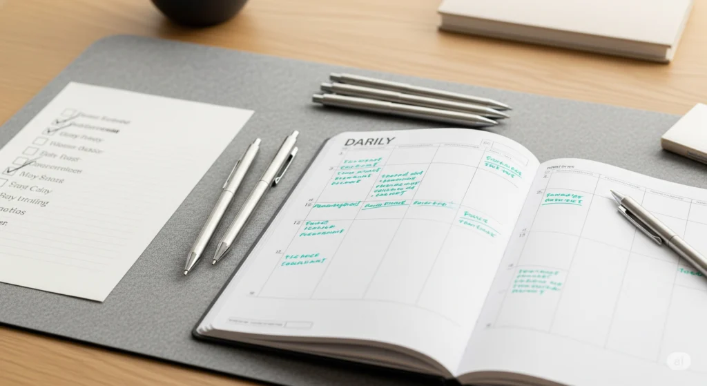 Planner aberto sobre a mesa com canetas, representando um método de organização visual.