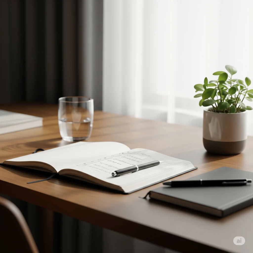 Mesa com notebook, caderno e checklist preenchido.