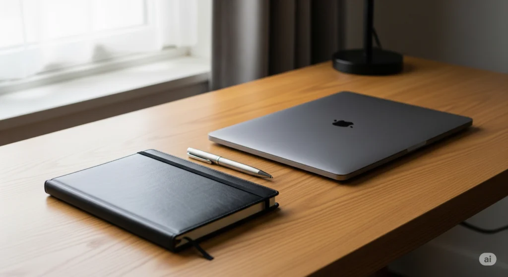 Mesa de trabalho bem organizada com itens essenciais para produtividade e organização pessoal.