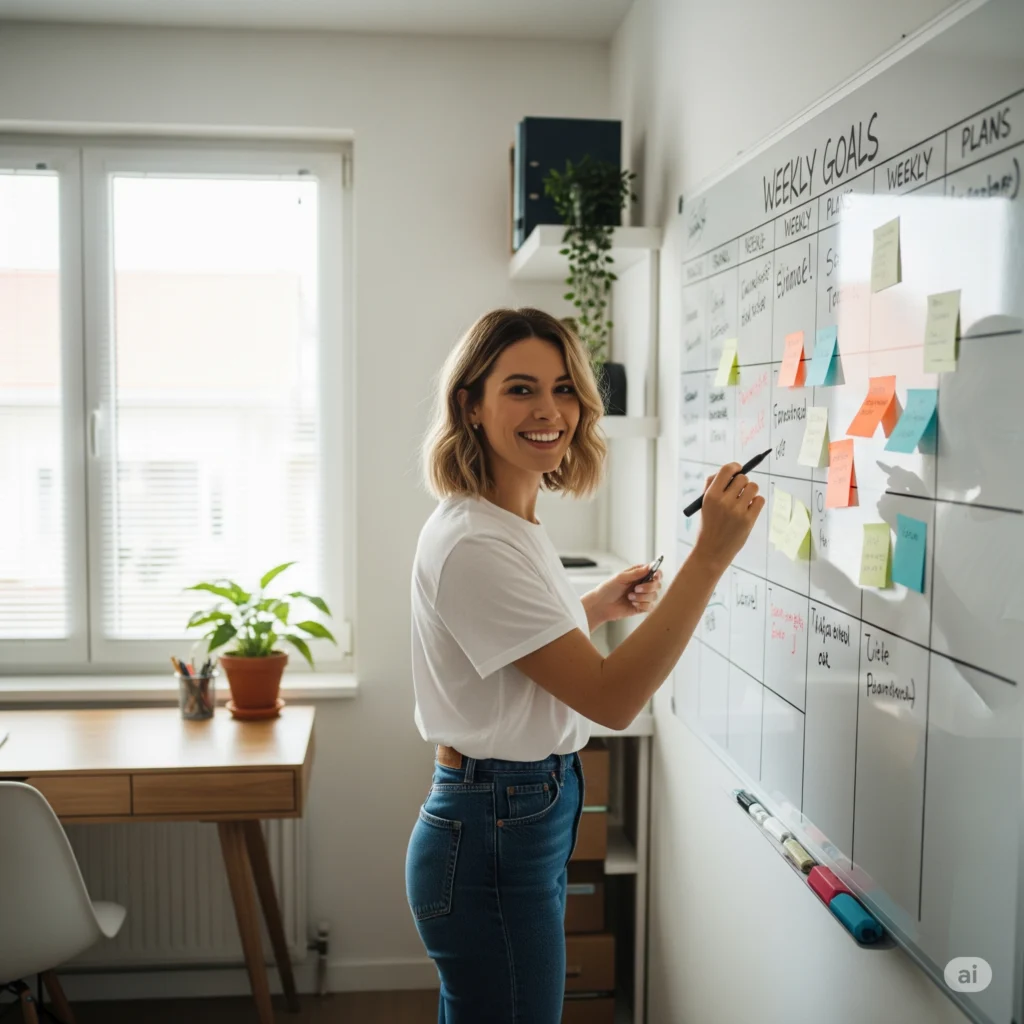 Mulher escrevendo metas em um quadro branco de planejamento