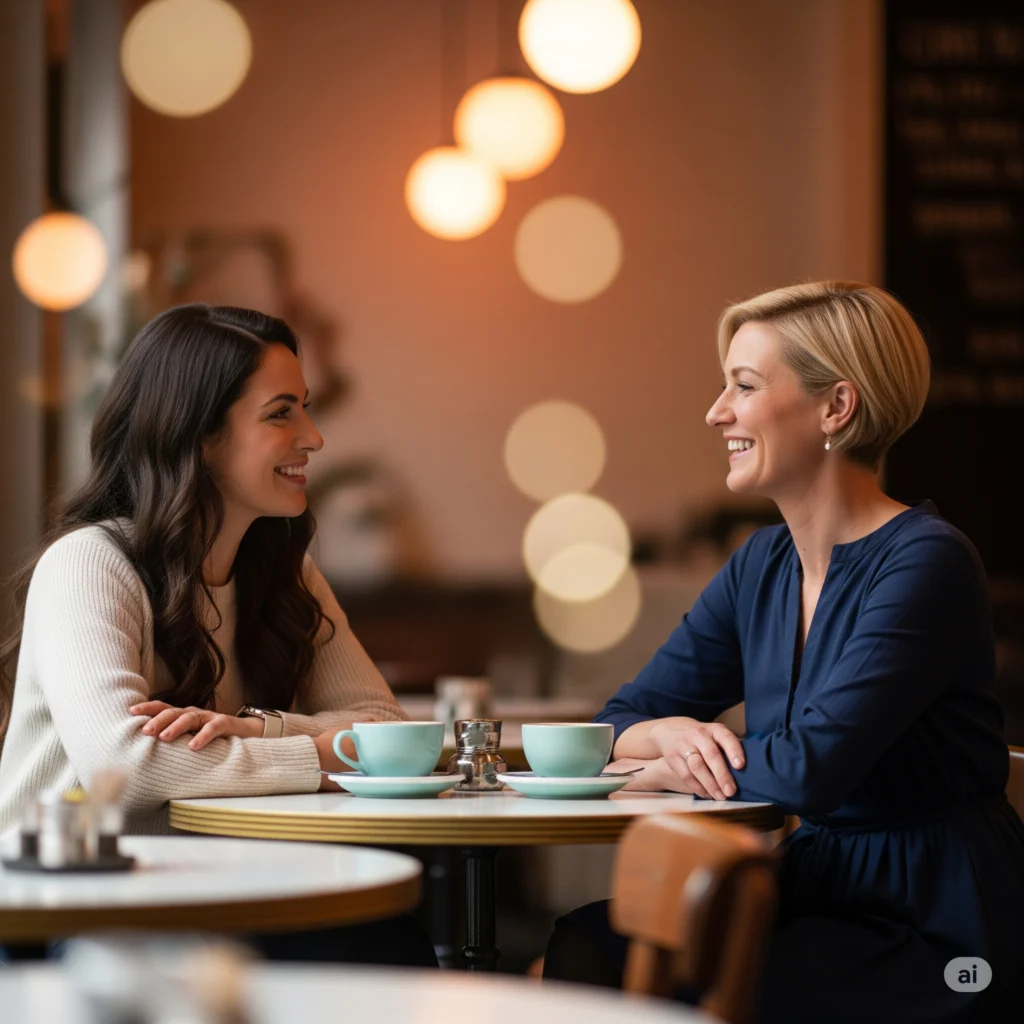 Duas amigas conversando em um café, praticando mindfulness com escuta ativa e conexão genuína.