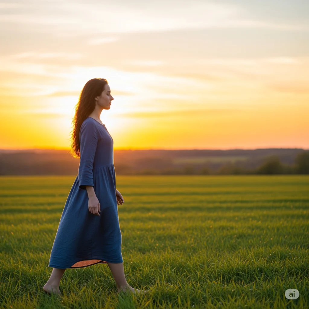 Mulher caminhando descalça na grama, praticando mindfulness em contato com a natureza.