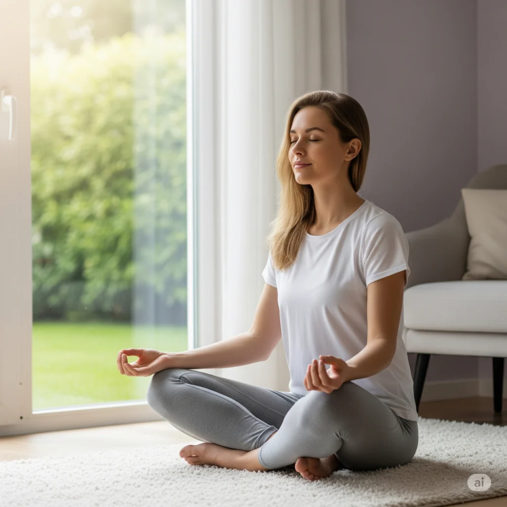 Mulher sentada em posição de meditação perto da janela, praticando mindfulness com respiração consciente.