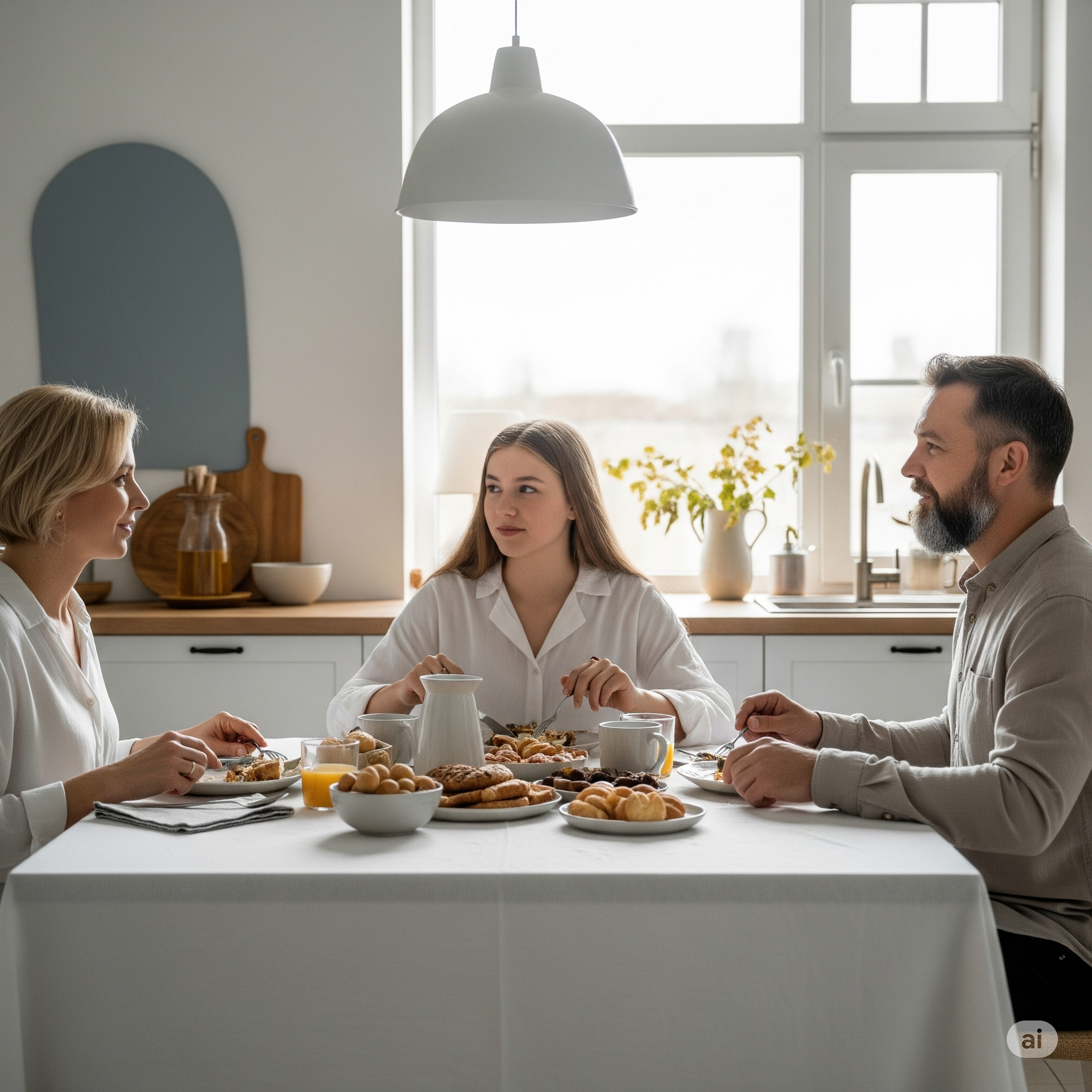 família tomando café na cozinha aplicando minimalismo para famílias