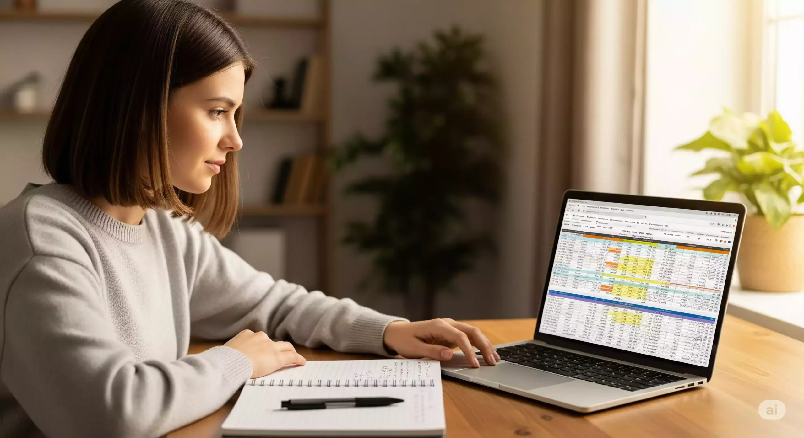 Mulher analisando planilha de controle financeiro no notebook.