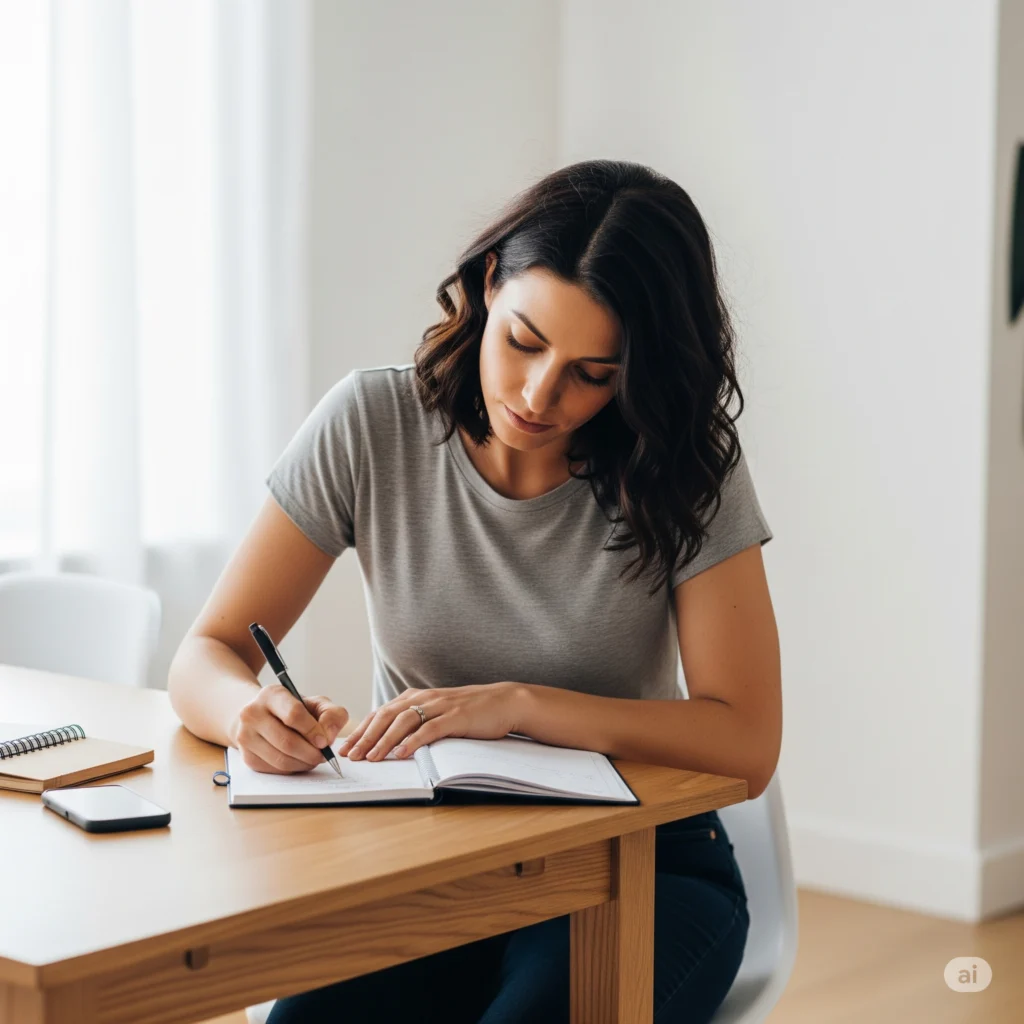 Mulher anotando hábitos financeiros em um caderno