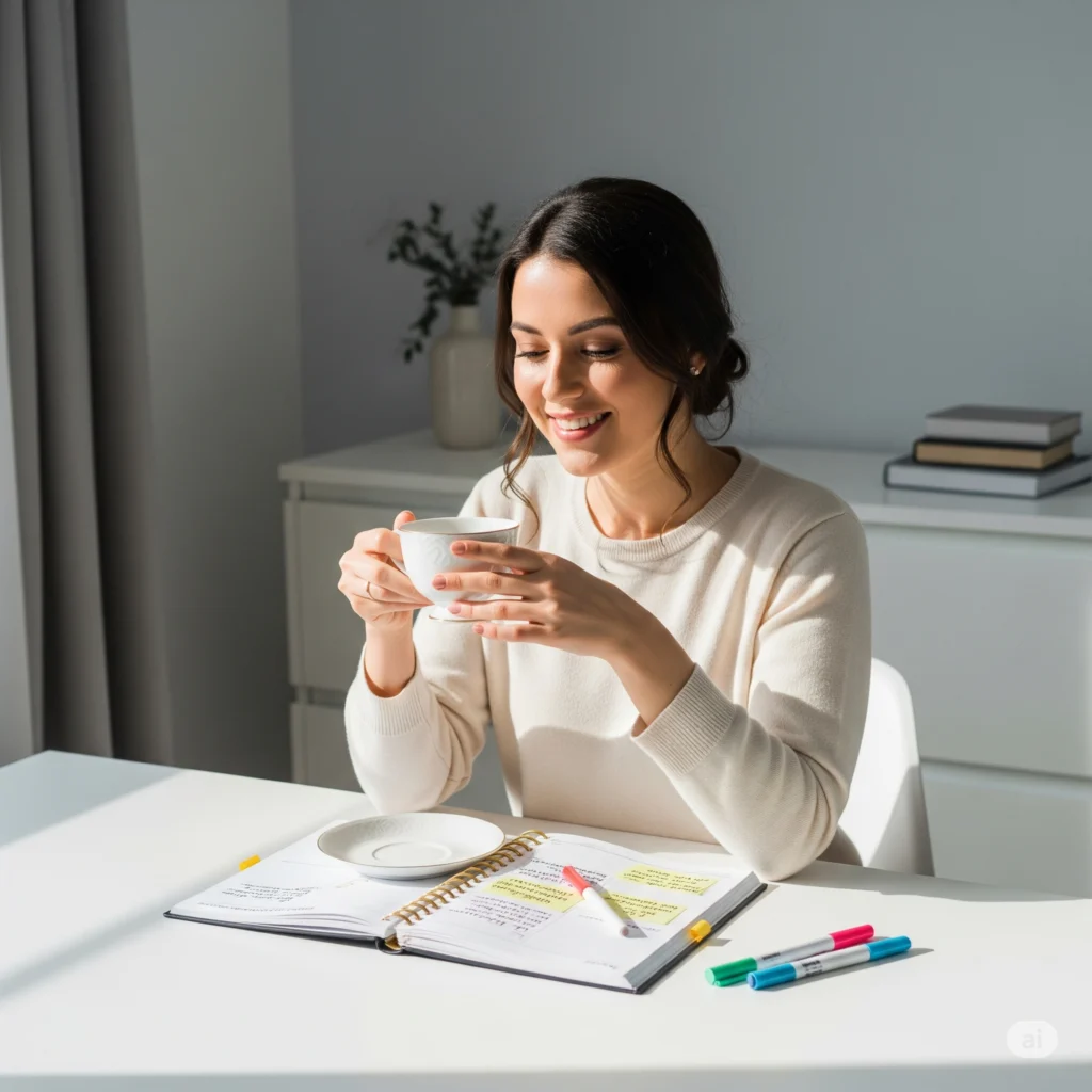 Mulher tomando café em um ambiente minimalista e acolhedor