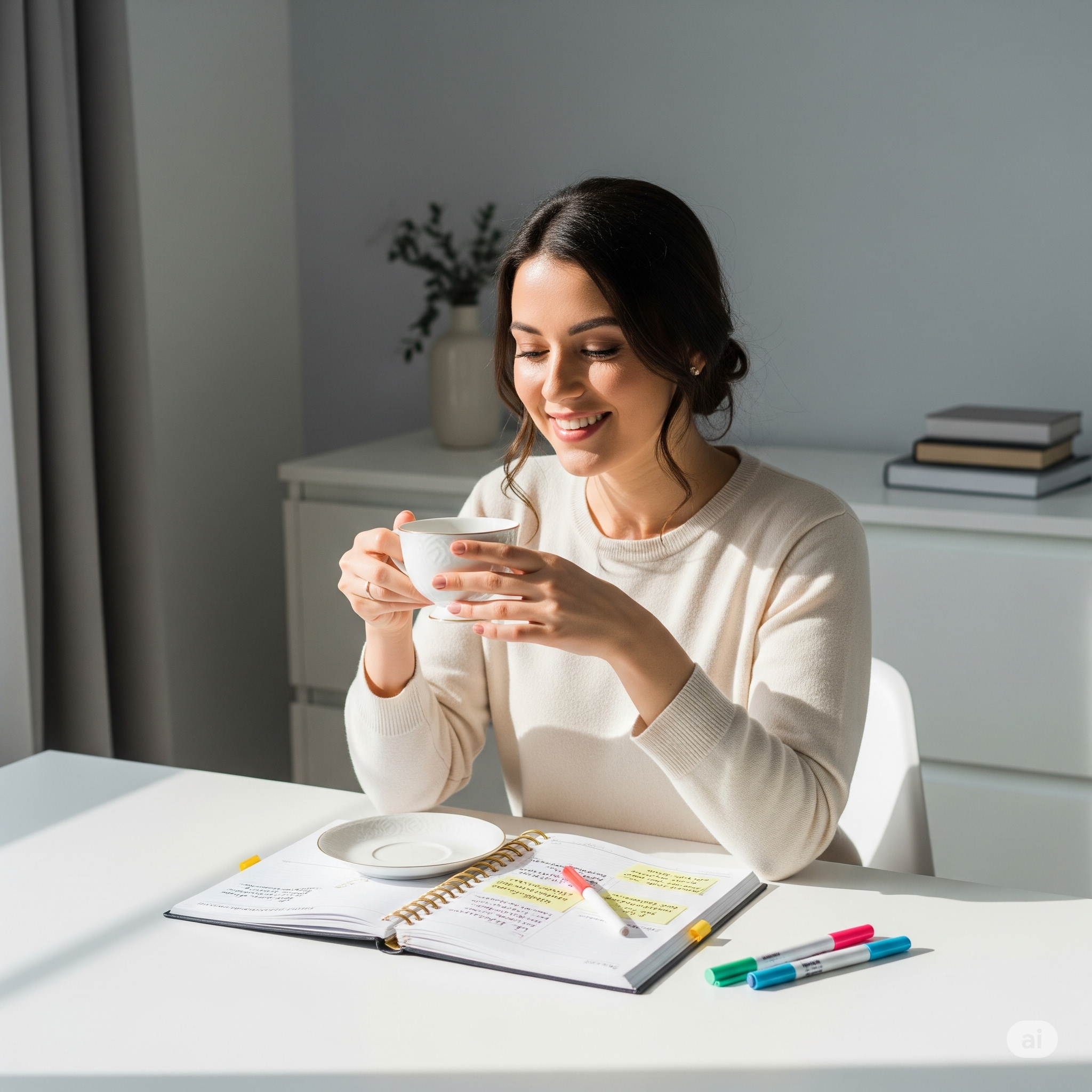 Mulher tomando café em um ambiente minimalista e acolhedor