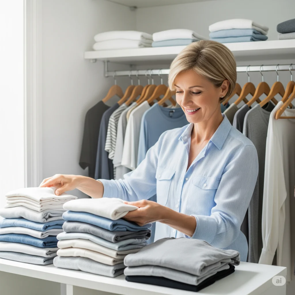 Mulher organizando as roupas do armário com foco no minimalismo.