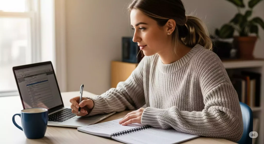 Mulher sorrindo enquanto organiza finanças pessoais em um caderno e notebook.