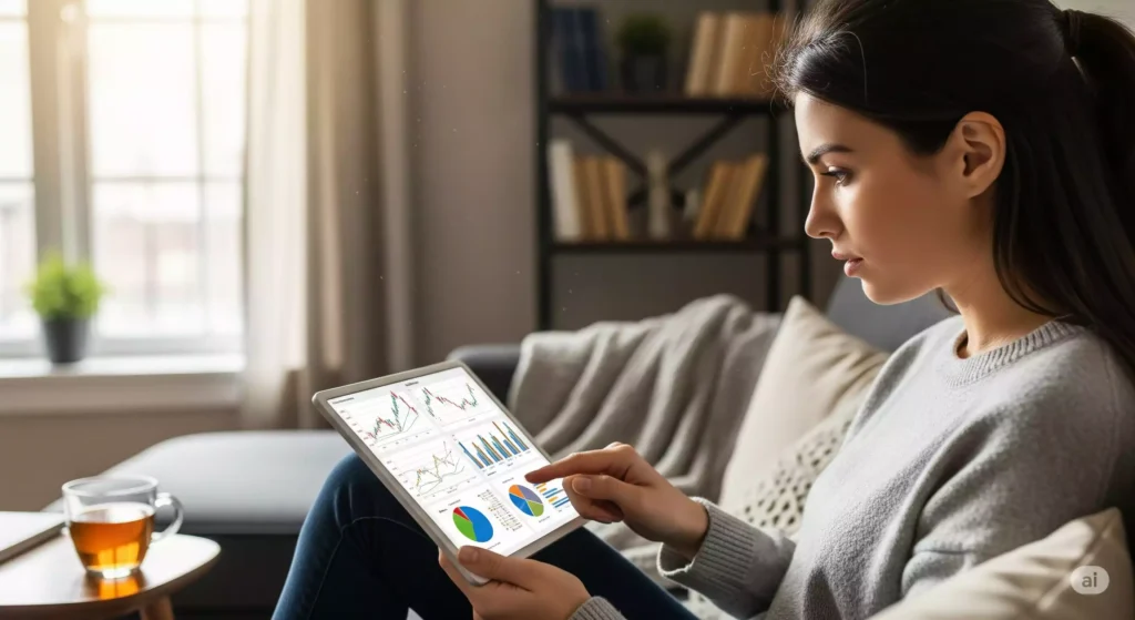 Mulher analisando gráficos de despesas e orçamento para planejamento financeiro.