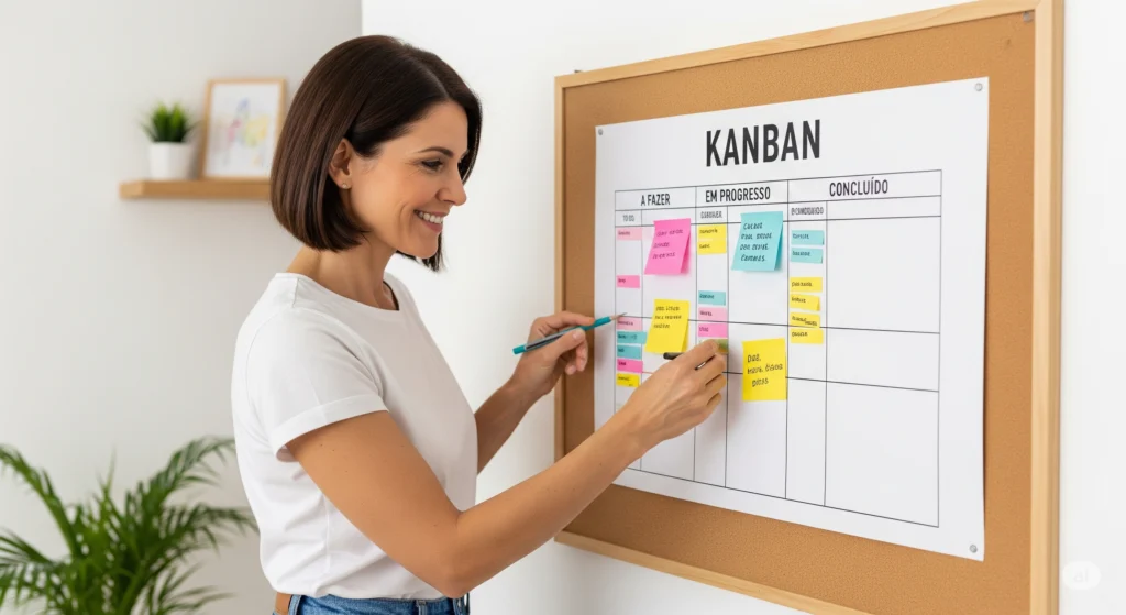 Mulher organizando quadro kanban na parede