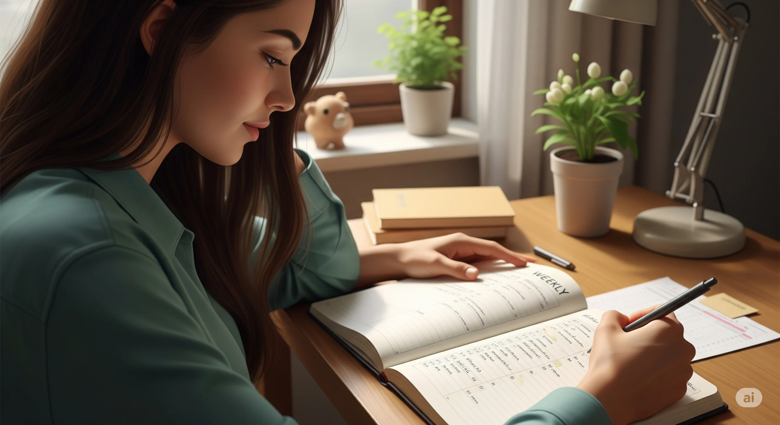 Mulher analisando seu bullet journal com foco e organização.
