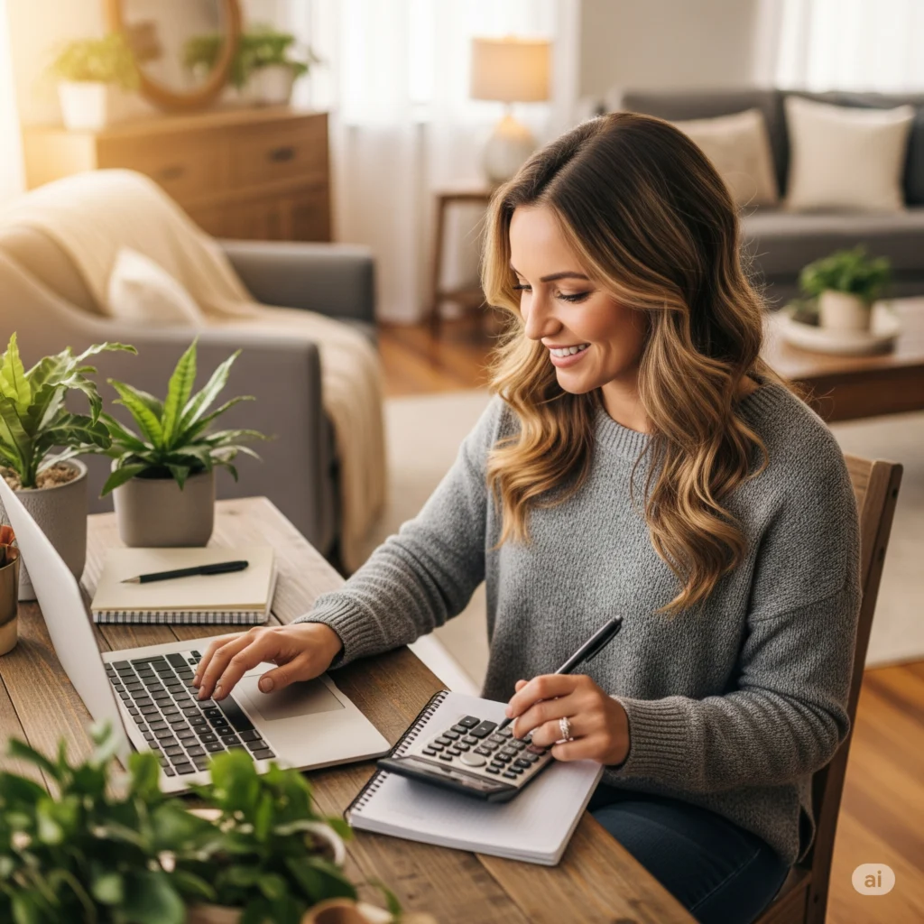 Mulher planejando metas financeiras com laptop e calculadora