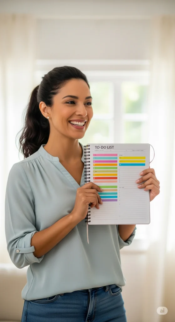 Mulher satisfeita com sua organização pessoal anotada em um caderno.