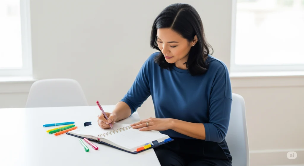 Mulher concentrada usando seu planner gratuito para organizar tarefas do dia