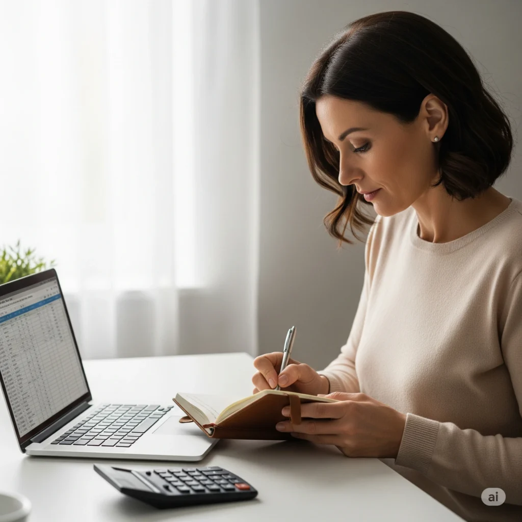 Mulher revisando contas para planejamento financeiro familiar