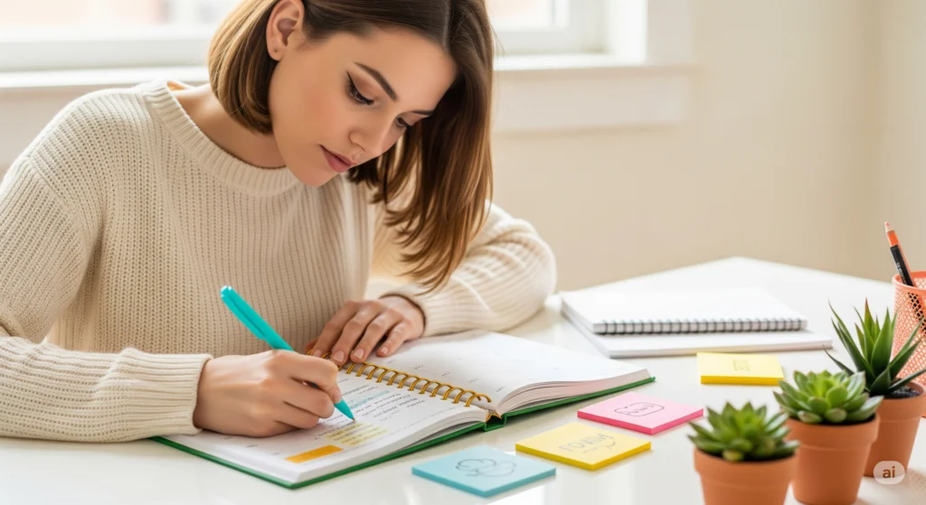Mulher fazendo seu planejamento mensal em um caderno