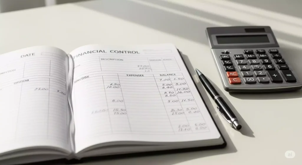 Planilha de controle financeiro, com caneta e calculadora ao lado.