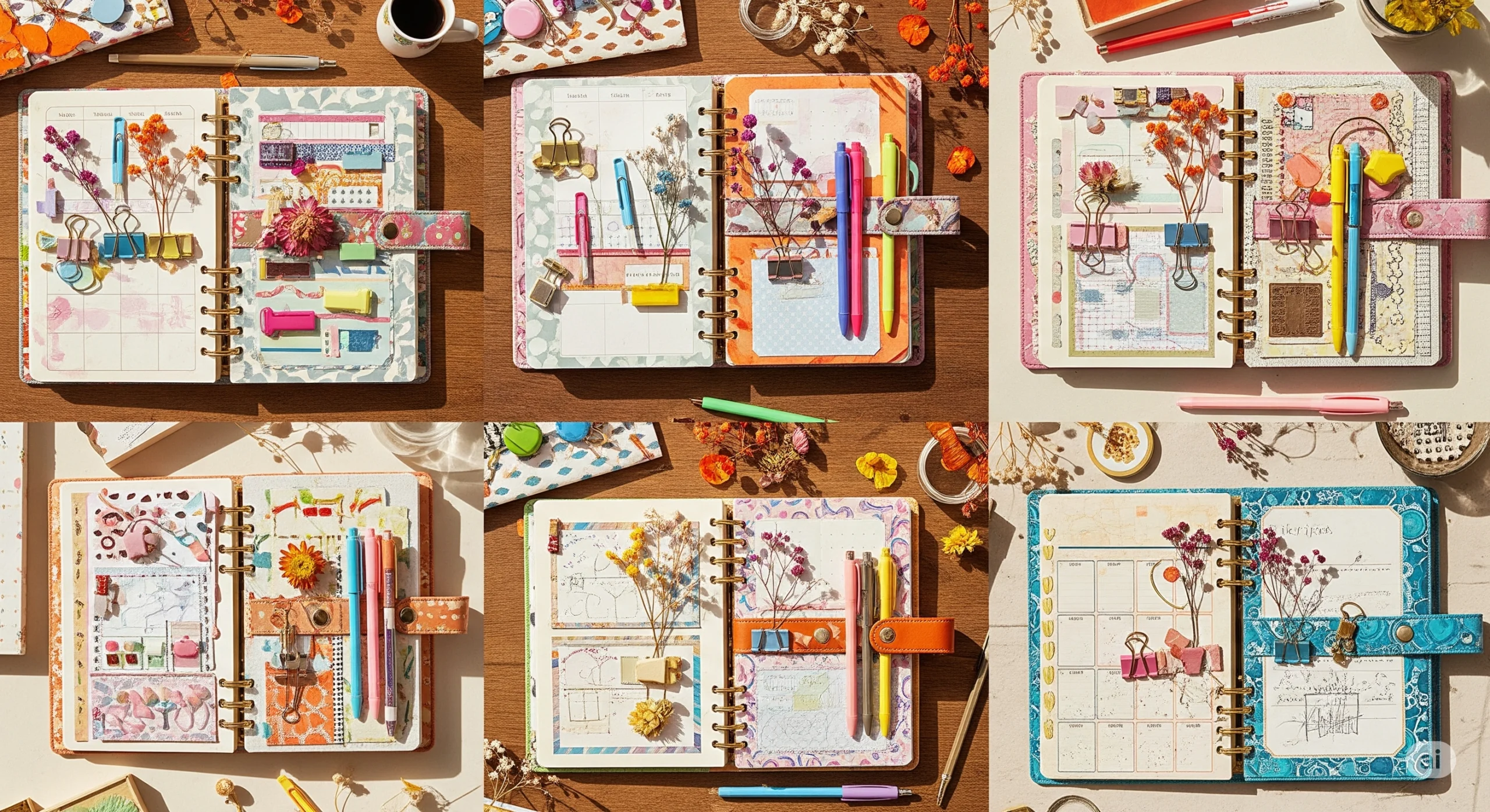 Diversos planners gratuitos rodeados por itens coloridos de papelaria.